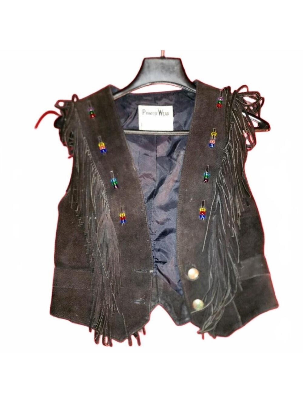 Pioneer wear womens black suede fringe vest size 6 buttons western biker USA